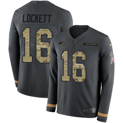 Nike Seattle Seahawks #16 Tyler Lockett Anthracite Salute to Service Men's Stitched NFL Limited Therma Long Sleeve Jersey Men's